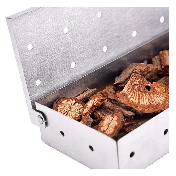 Cutie Afumator pentru Gratar, Dispozitiv Afumare cu Rumegus, Capacitate Mare, Inox 430 Rezistent la Rugina, Capac cu Balamale, 22.2x9.6x4.4 cm, Argintiu