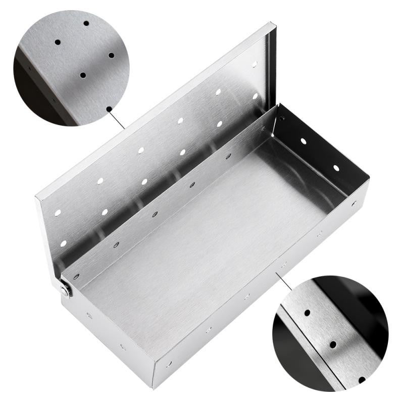 Cutie Afumator pentru Gratar, Dispozitiv Afumare cu Rumegus, Capacitate Mare, Inox 430 Rezistent la Rugina, Capac cu Balamale, 22.2x9.6x4.4 cm, Argintiu