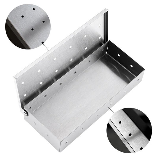 Cutie Afumator pentru Gratar, Dispozitiv Afumare cu Rumegus, Capacitate Mare, Inox 430 Rezistent la Rugina, Capac cu Balamale, 22.2x9.6x4.4 cm, Argintiu