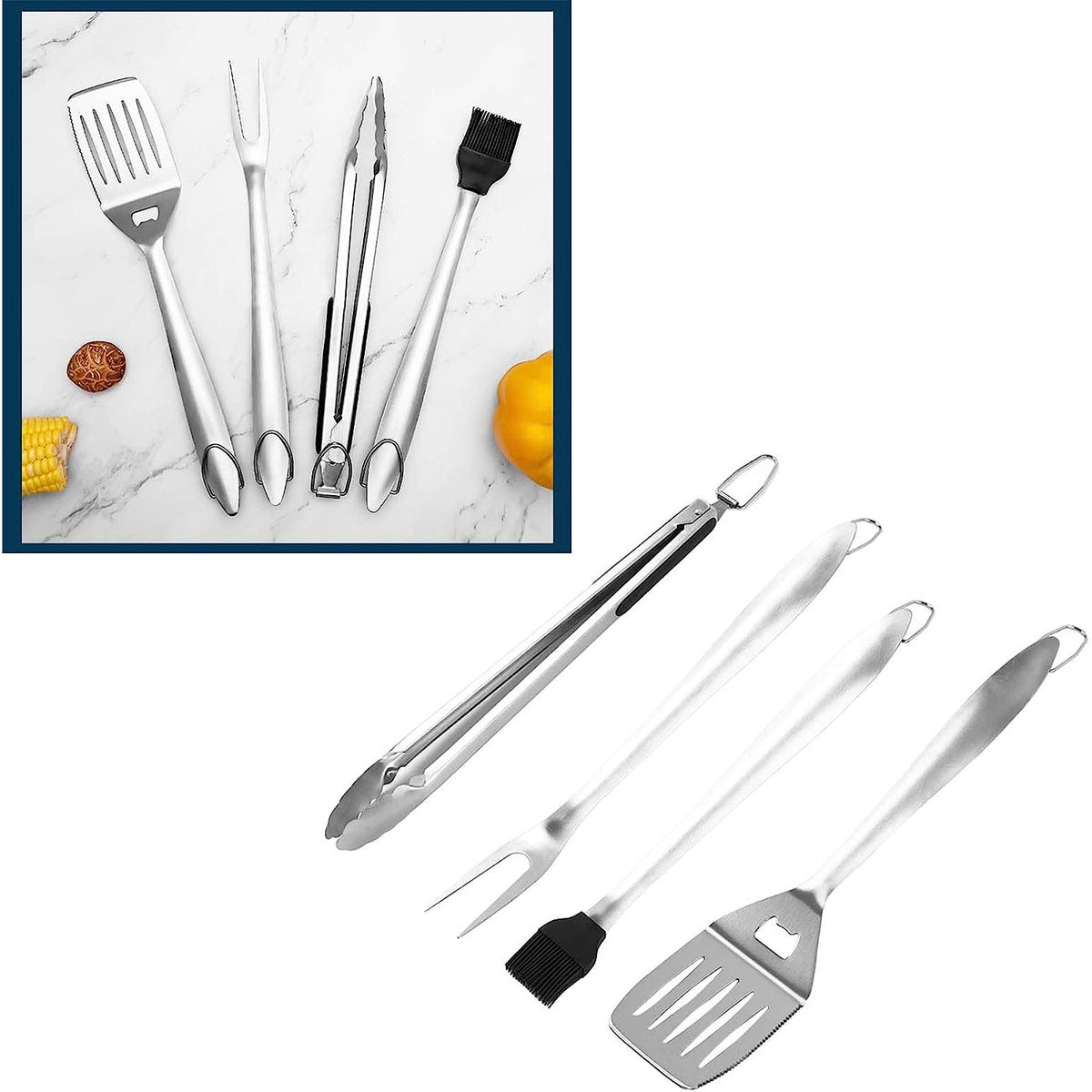Set Ustensile pentru Gratar, 4 Piese cu Spatula si Deschizator Sticle, Otel Inoxidabil Rezistent la Caldura, Manere Lungi cu Agatatoare, Argintiu