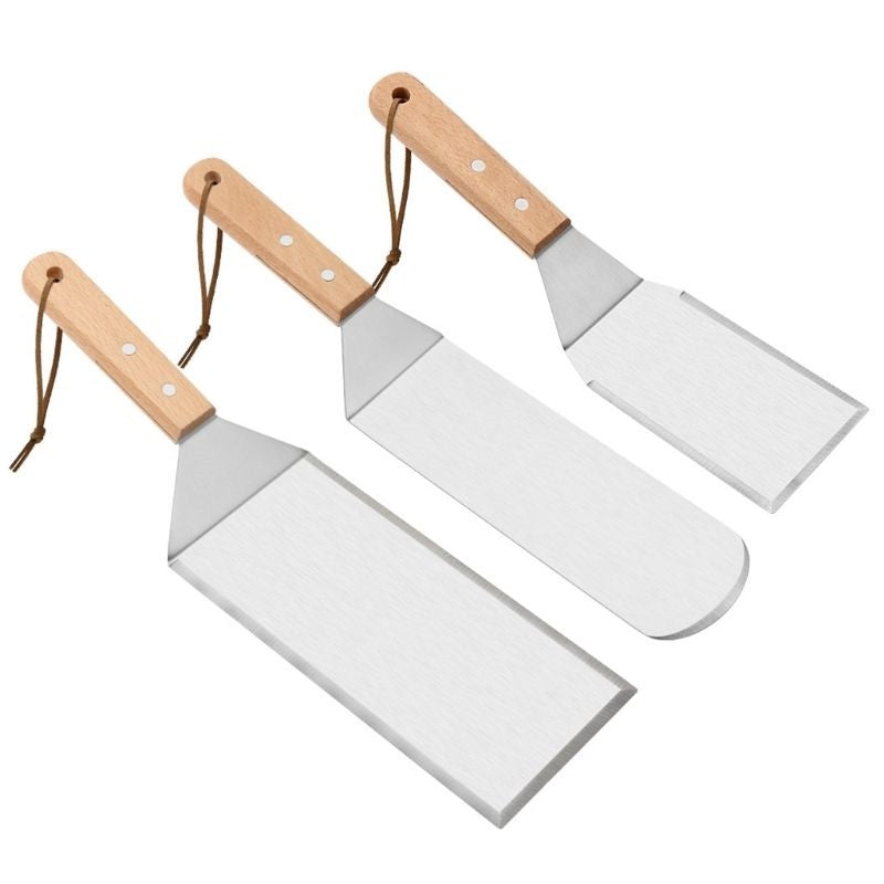Set 3 Spatule pentru Gratar si BBQ, Suprafata Antiaderenta cu Margini Subtiri, Metal si Maner Ergonomic din Lemn, 3 Forme Diferite, Gri