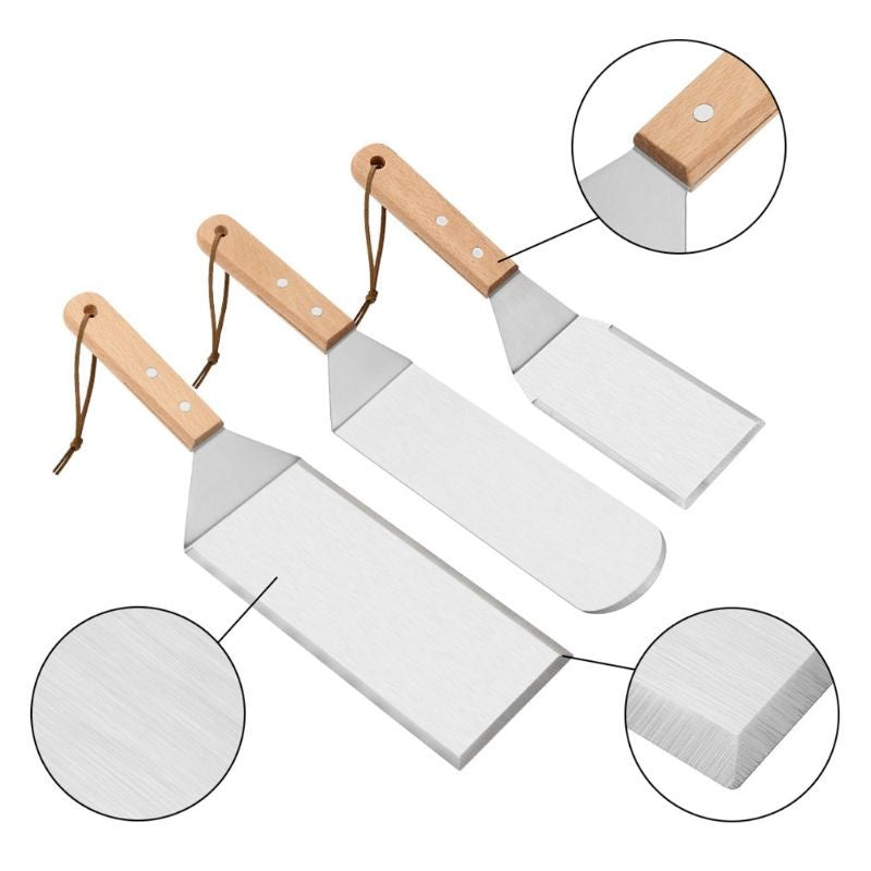Set 3 Spatule pentru Gratar si BBQ, Suprafata Antiaderenta cu Margini Subtiri, Metal si Maner Ergonomic din Lemn, 3 Forme Diferite, Gri