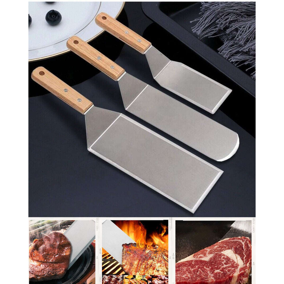 Set 3 Spatule pentru Gratar si BBQ, Suprafata Antiaderenta cu Margini Subtiri, Metal si Maner Ergonomic din Lemn, 3 Forme Diferite, Gri
