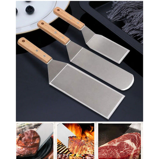 Set 3 Spatule pentru Gratar si BBQ, Suprafata Antiaderenta cu Margini Subtiri, Metal si Maner Ergonomic din Lemn, 3 Forme Diferite, Gri