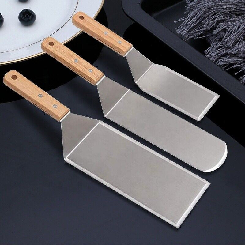 Set 3 Spatule pentru Gratar si BBQ, Suprafata Antiaderenta cu Margini Subtiri, Metal si Maner Ergonomic din Lemn, 3 Forme Diferite, Gri