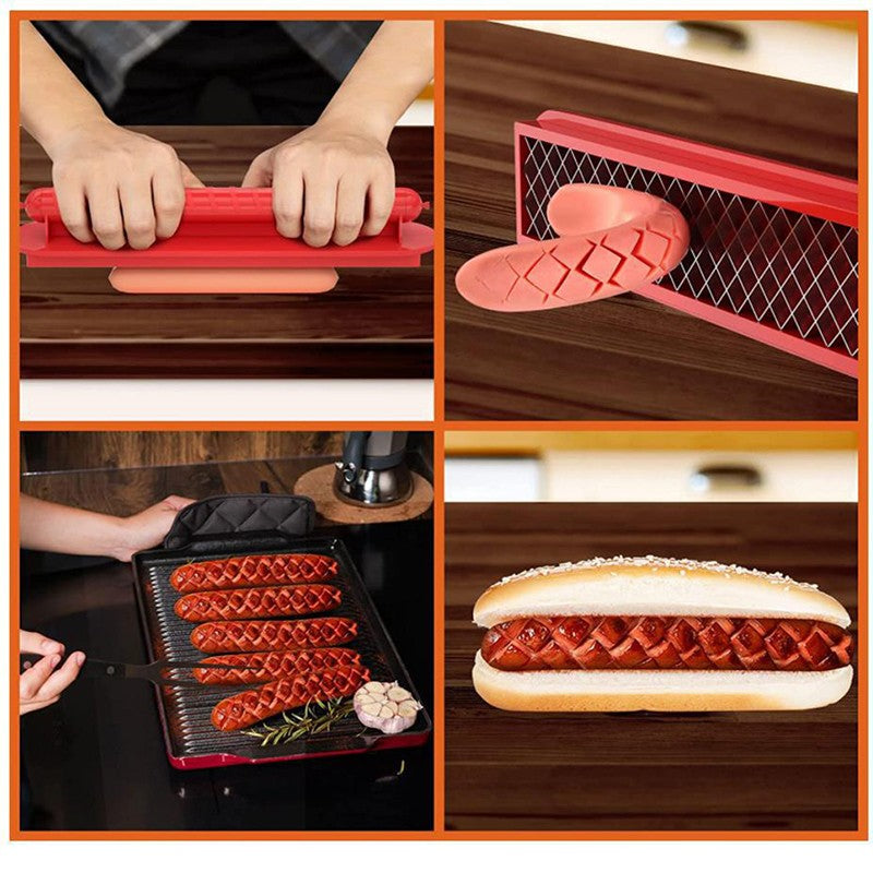 Feliator Manual pentru Hot-Dog si Carnati, Dispozitiv pentru Crestare Decorativa pe Gratar, Inox si ABS, 29.5 x 6.5 cm, Rosu