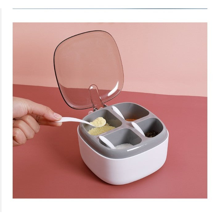 Organizator Condimente cu 4 Compartimente, Recipient pentru Sare si Piper, Capac Protectie si 4 Lingurite Incluse, Plastic, 14x14x8 cm, Alb