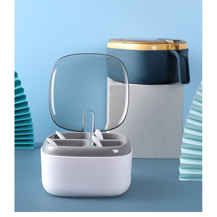 Organizator Condimente cu 4 Compartimente, Recipient pentru Sare si Piper, Capac Protectie si 4 Lingurite Incluse, Plastic, 14x14x8 cm, Alb