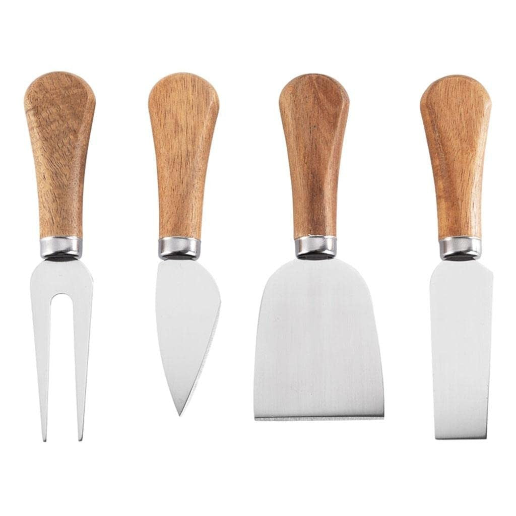 Set 4 Cutite pentru Branza si Unt, Lame din Otel Inoxidabil Rezistente la Coroziune, Maner Ergonomic din Lemn de Salcam, 15 x 6.3 cm, Argintiu