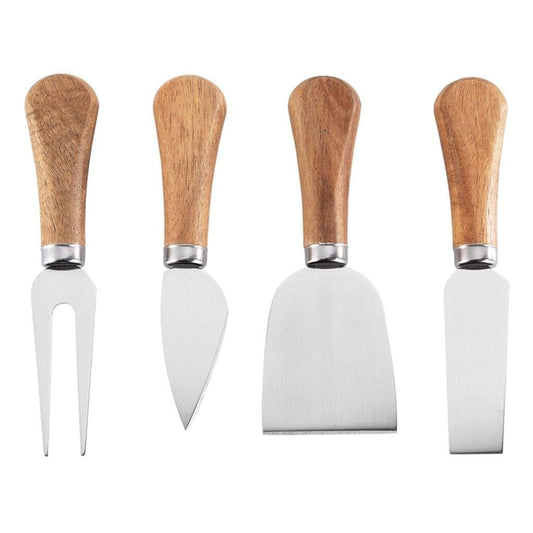 Set 4 Cutite pentru Branza si Unt, Lame din Otel Inoxidabil Rezistente la Coroziune, Maner Ergonomic din Lemn de Salcam, 15 x 6.3 cm, Argintiu