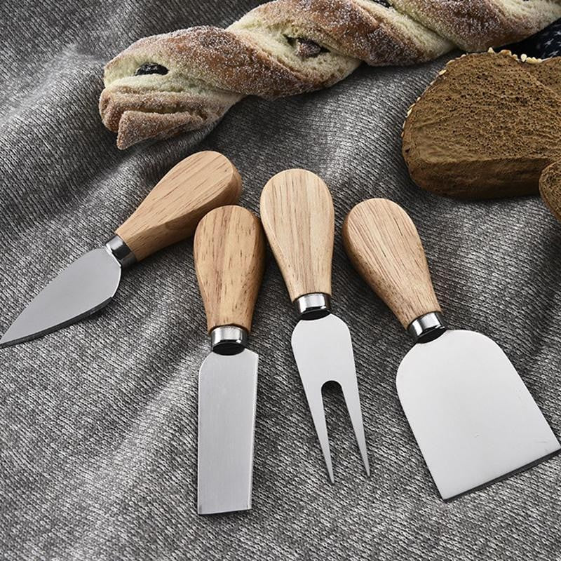 Set 4 Cutite pentru Branza si Unt, Lame din Otel Inoxidabil Rezistente la Coroziune, Maner Ergonomic din Lemn de Salcam, 15 x 6.3 cm, Argintiu