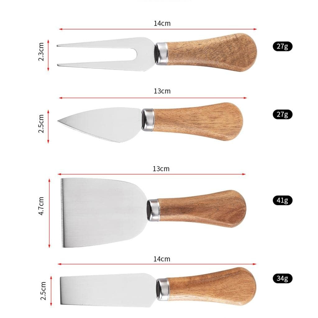 Set 4 Cutite pentru Branza si Unt, Lame din Otel Inoxidabil Rezistente la Coroziune, Maner Ergonomic din Lemn de Salcam, 15 x 6.3 cm, Argintiu