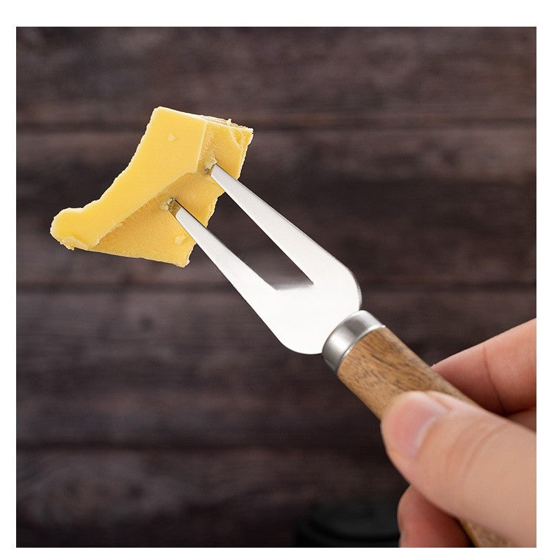 Set 4 Cutite pentru Branza si Unt, Lame din Otel Inoxidabil Rezistente la Coroziune, Maner Ergonomic din Lemn de Salcam, 15 x 6.3 cm, Argintiu