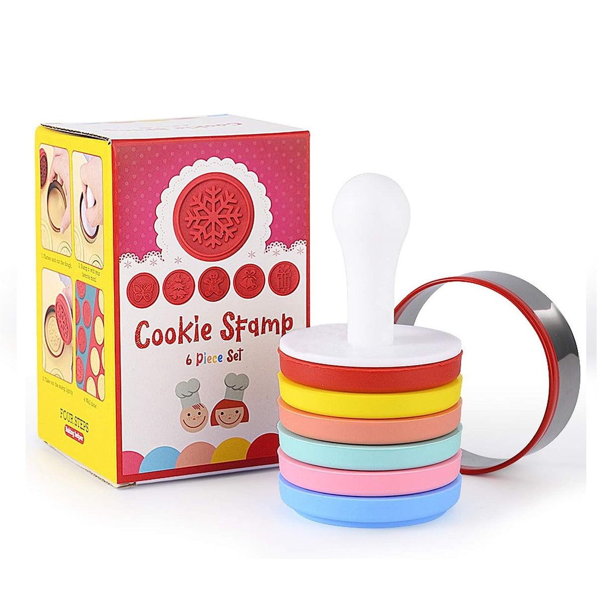 Set 6 Stampile Pentru Prajituri Si Biscuiti, Tematica Craciun, Silicon Alimentar Non-Toxic, Include Forma Taiere Aluat, Maner Ergonomic Plastic, 6 cm, Multicolor