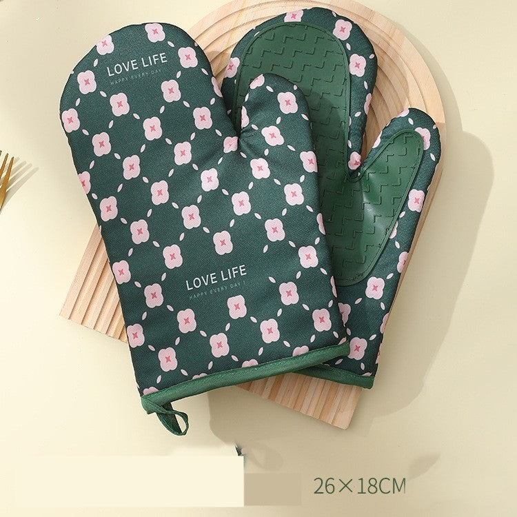 Set 2 Manusi Cuptor, Manusi de Bucatarie Termorezistente pana la 330 Grade, Protectie din Cauciuc si Material Textil, Suprafata Antiderapanta, 26.5 x 18 cm, Verde