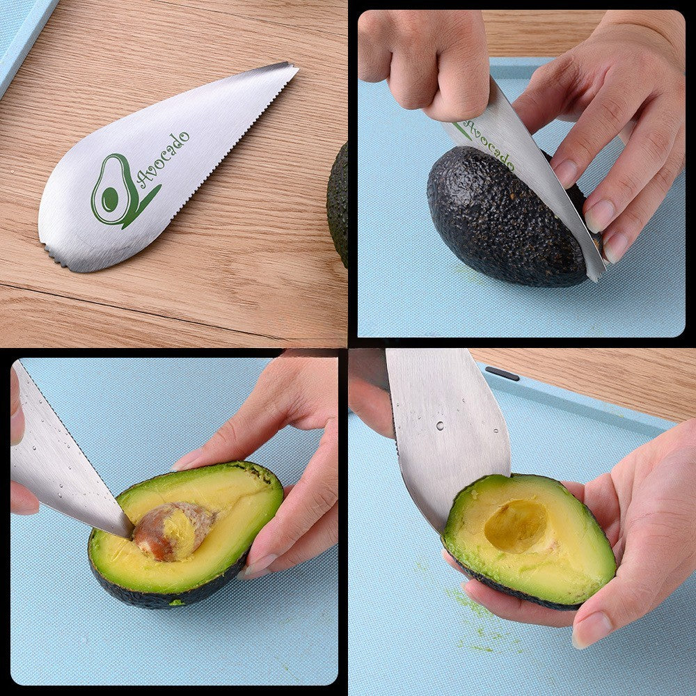 Taietor Avocado 3 in 1, Dispozitiv Multifunctional pentru Curatare si Scoatere Sambure, Forma Curbata cu Zimti, Otel Inoxidabil, 15 x 6 cm, Gri