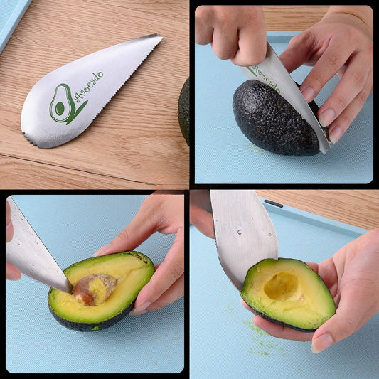 Taietor Avocado 3 in 1, Dispozitiv Multifunctional pentru Curatare si Scoatere Sambure, Forma Curbata cu Zimti, Otel Inoxidabil, 15 x 6 cm, Gri