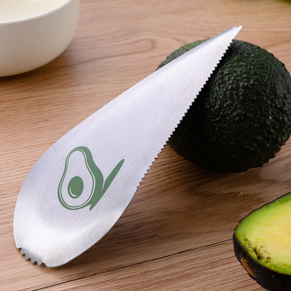 Taietor Avocado 3 in 1, Dispozitiv Multifunctional pentru Curatare si Scoatere Sambure, Forma Curbata cu Zimti, Otel Inoxidabil, 15 x 6 cm, Gri