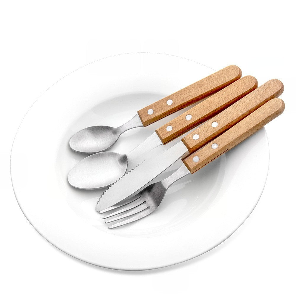 Set 4 Tacamuri pentru Masa, Otel Inoxidabil 304, Maner Ergonomic din Lemn de Fag, Set Lingura, Lingurita, Cutit si Furculita, 20 cm, Gri