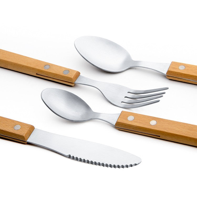 Set 4 Tacamuri pentru Masa, Otel Inoxidabil 304, Maner Ergonomic din Lemn de Fag, Set Lingura, Lingurita, Cutit si Furculita, 20 cm, Gri