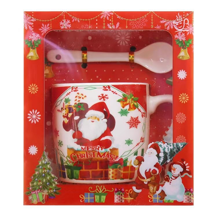 Set Cana Craciun Cu Lingurita, Model Mos Craciun Cu Sac Cadouri, Ceramica Calitativa, 200 ml, Multicolor