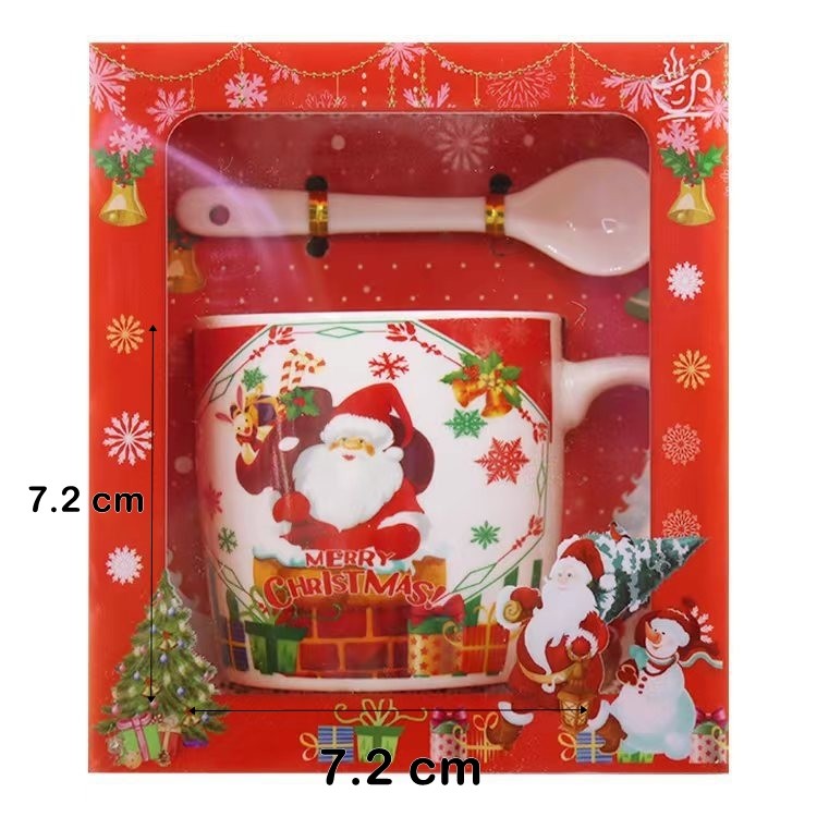 Set Cana Craciun Cu Lingurita, Model Mos Craciun Cu Sac Cadouri, Ceramica Calitativa, 200 ml, Multicolor