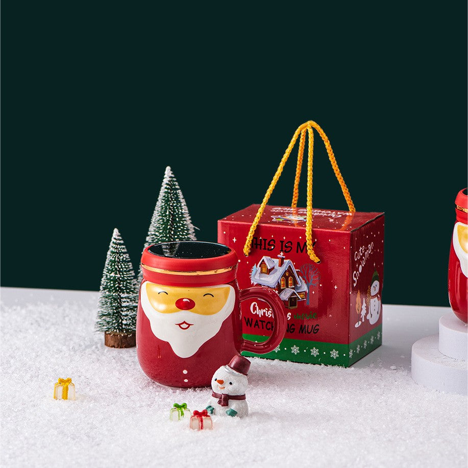 Cana Ceramica Mos Craciun, Capac Tip Oglinda, Ambalaj Cadou Inclus, Model Festiv, 430 ml, 8 x 11.5 cm, Rosu