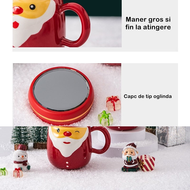 Cana Ceramica Mos Craciun, Capac Tip Oglinda, Ambalaj Cadou Inclus, Model Festiv, 430 ml, 8 x 11.5 cm, Rosu