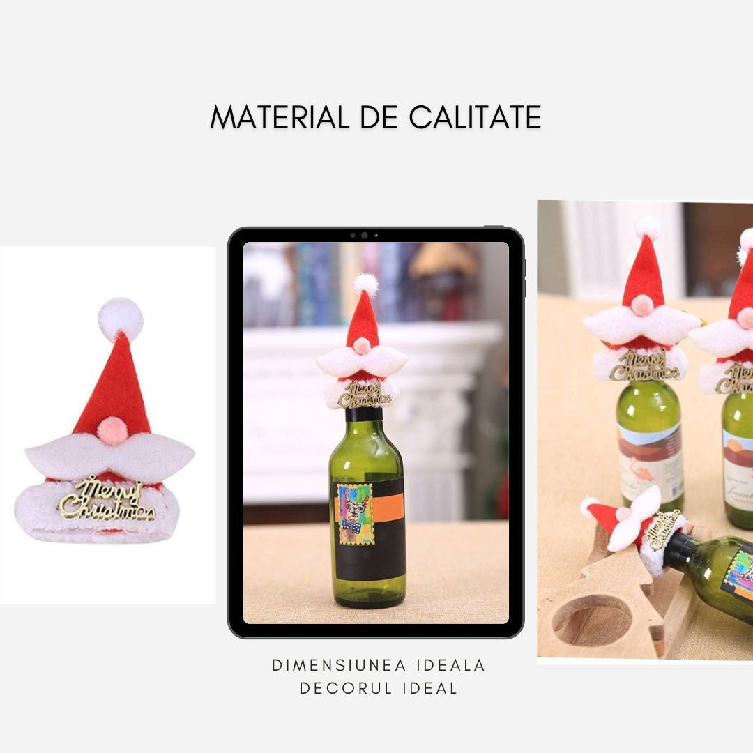 Husa Decorativa pentru Sticle de Vin, Model Caciula Craciun Merry Christmas, Design Festiv, Material Textil si Poliester, Rosu