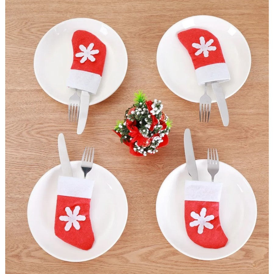 Set Huse Festive Pentru Tacamuri, Model Soseta Cu Fulg De Zapada, Decoratiuni Masa Craciun, Material Textil Si Poliester, 14 x 8 cm, Rosu, 3 Piese