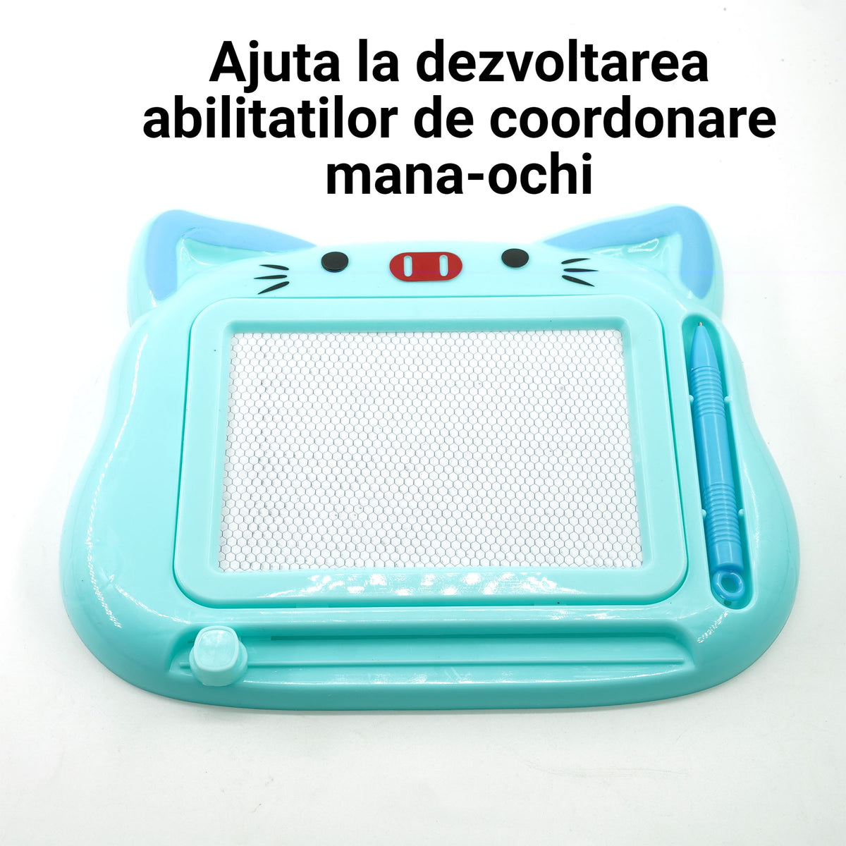 Tablita Magnetica de Scris si Desenat pentru Copii, Model Pisica cu Buton Glisant pentru Stergere, Plastic, 23.2x18.5 cm, Albastru