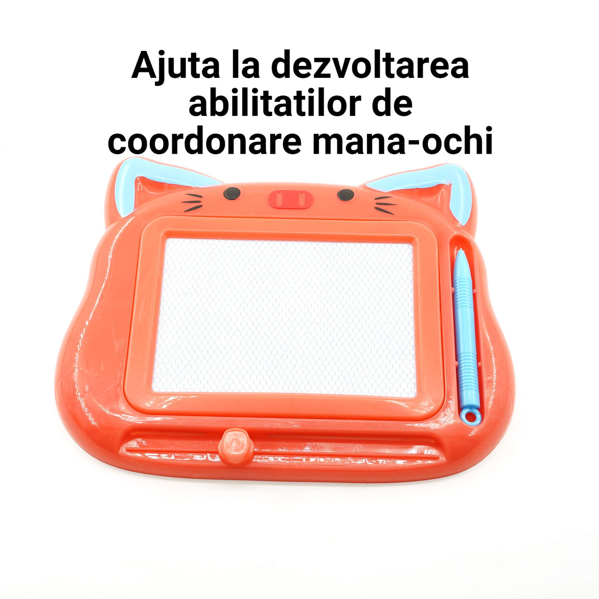 Tablita Magnetica de Scris si Desenat pentru Copii, Model Pisica cu Creion si Buton Stergere, Material Plastic, 23.2x18.5 cm, Rosu