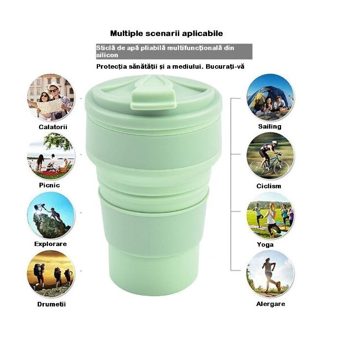 Pahar Pliabil din Silicon pentru Calatorii si Camping, Cana Portabila Eco-Friendly cu Pai Inclus, 500 ml, Verde