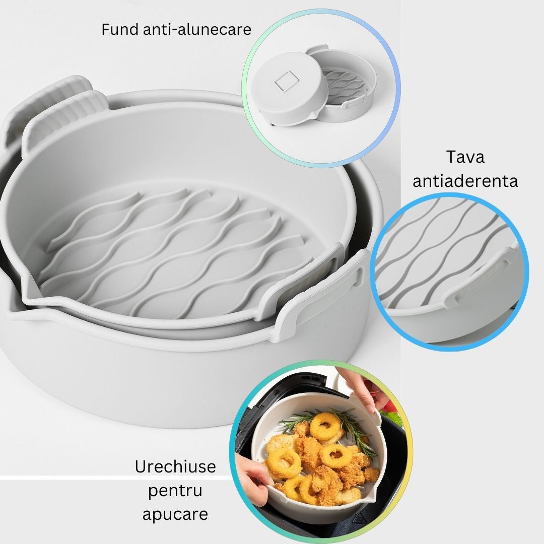 Set 2 Tavi Silicon Pentru Air Fryer, Forma Reutilizabila Si Antiaderenta Cu Manere, Rezistenta 230 Grade, 18.7 x 19.5 x 7 cm, Gri