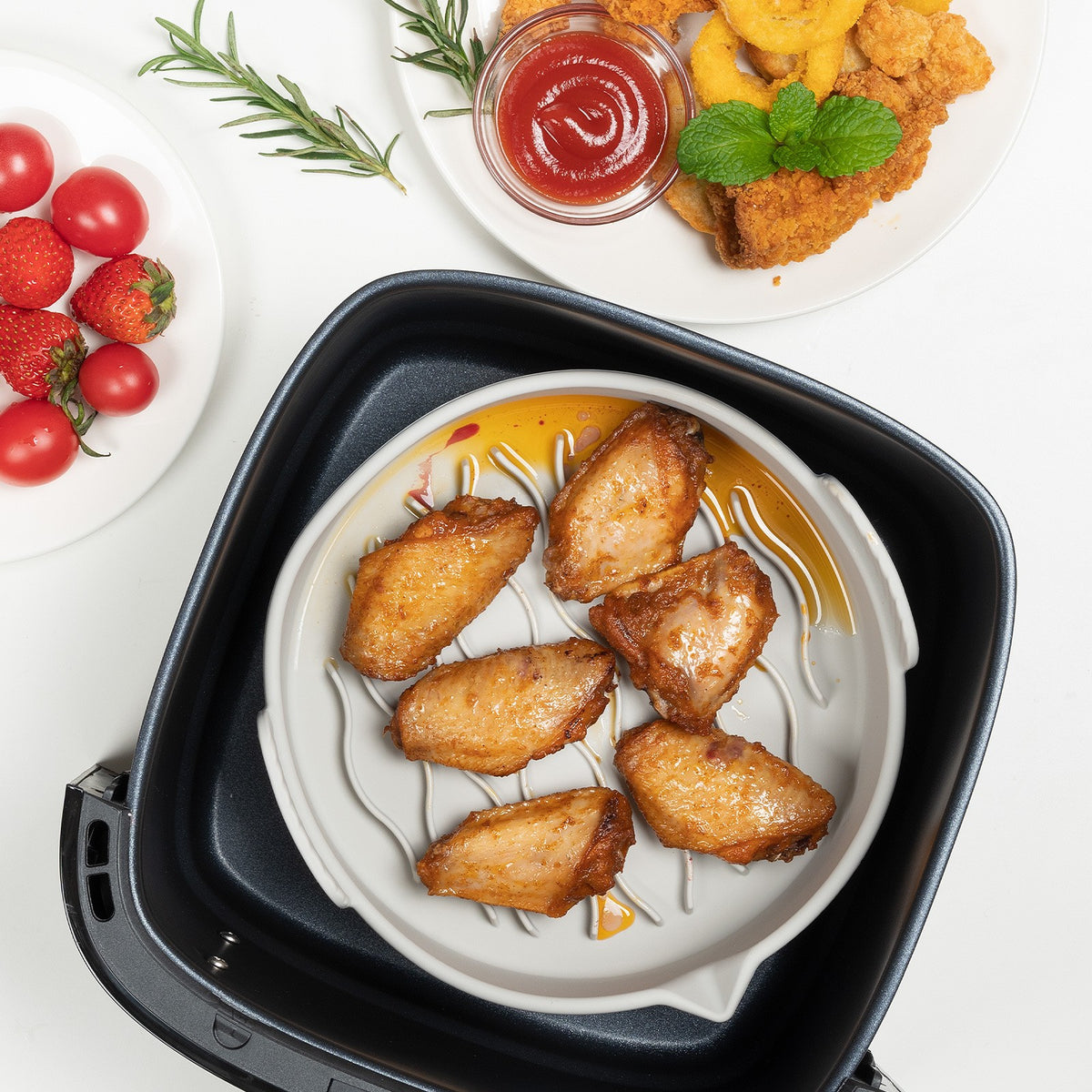 Set 2 Tavi Silicon Pentru Air Fryer, Forma Reutilizabila Si Antiaderenta Cu Manere, Rezistenta 230 Grade, 18.7 x 19.5 x 7 cm, Gri