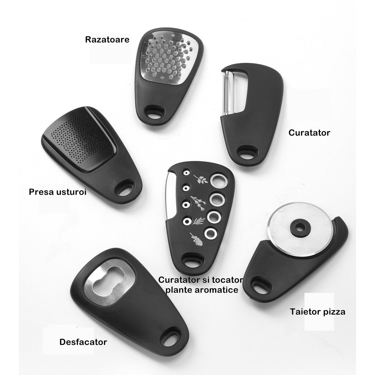 Set 6 in 1 Mini Ustensile Bucatarie, Taietor Pizza, Curatator, Razatoare, Desfacator, Presa Usturoi, Lame din Otel Inoxidabil, Manere ABS, 7.1 x 12.9 x 4.8 cm, Negru