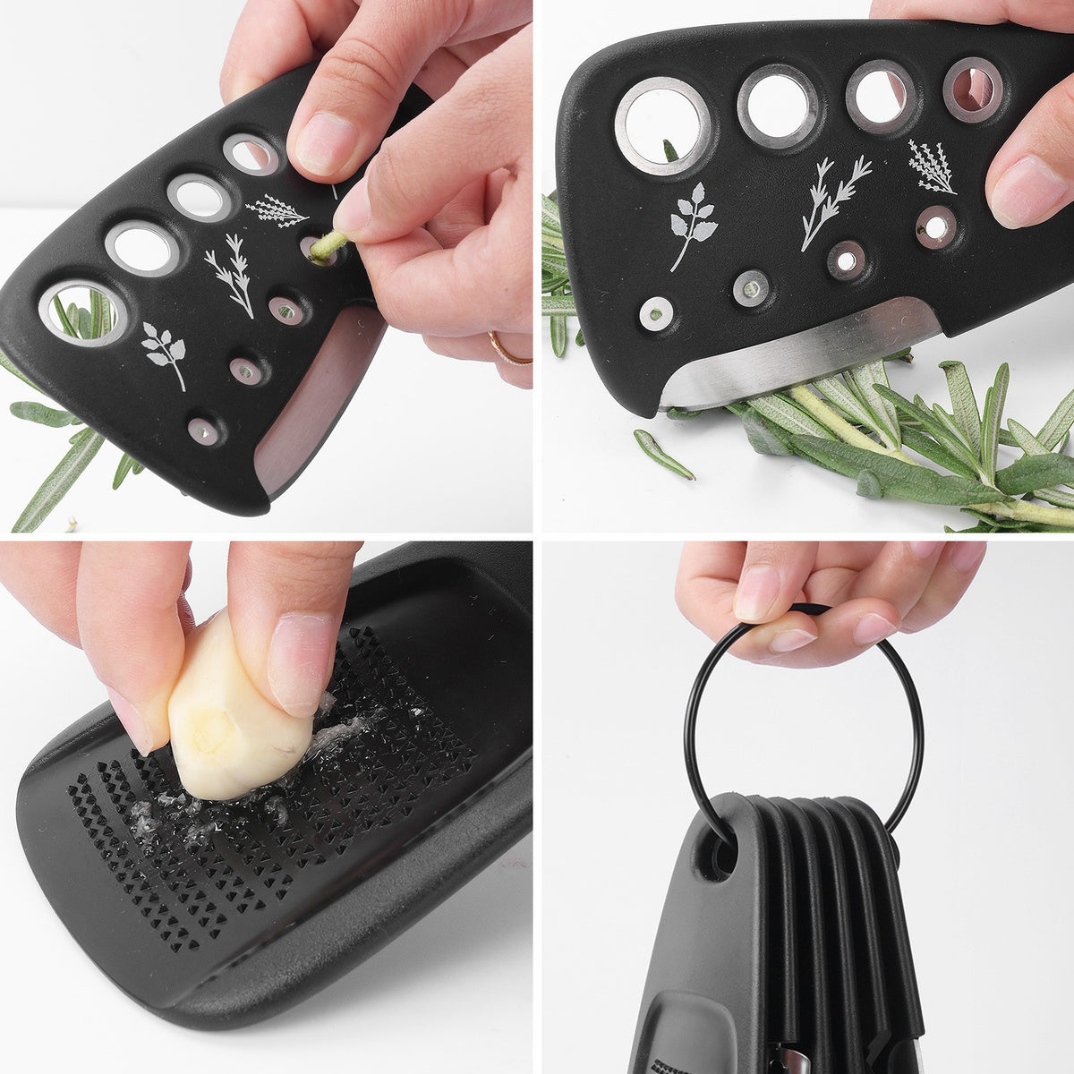 Set 6 in 1 Mini Ustensile Bucatarie, Taietor Pizza, Curatator, Razatoare, Desfacator, Presa Usturoi, Lame din Otel Inoxidabil, Manere ABS, 7.1 x 12.9 x 4.8 cm, Negru