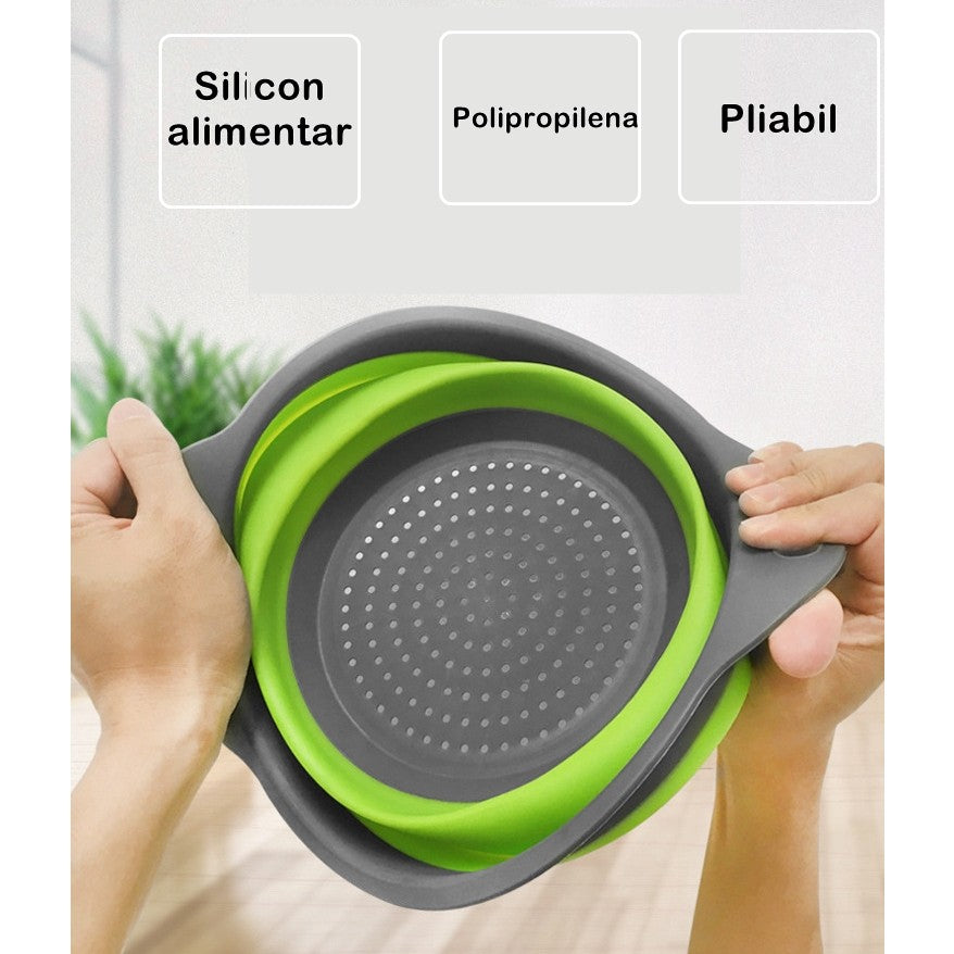 Set 2 Strecuratori Pliabile din Silicon Alimentar, Design Rotund cu Manere Ergonomice, Fund Antiderapant, Compatibile cu Masina de Spalat Vase, Verde