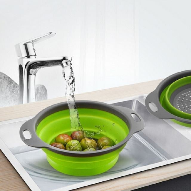Set 2 Strecuratori Pliabile din Silicon Alimentar, Design Rotund cu Manere Ergonomice, Fund Antiderapant, Compatibile cu Masina de Spalat Vase, Verde
