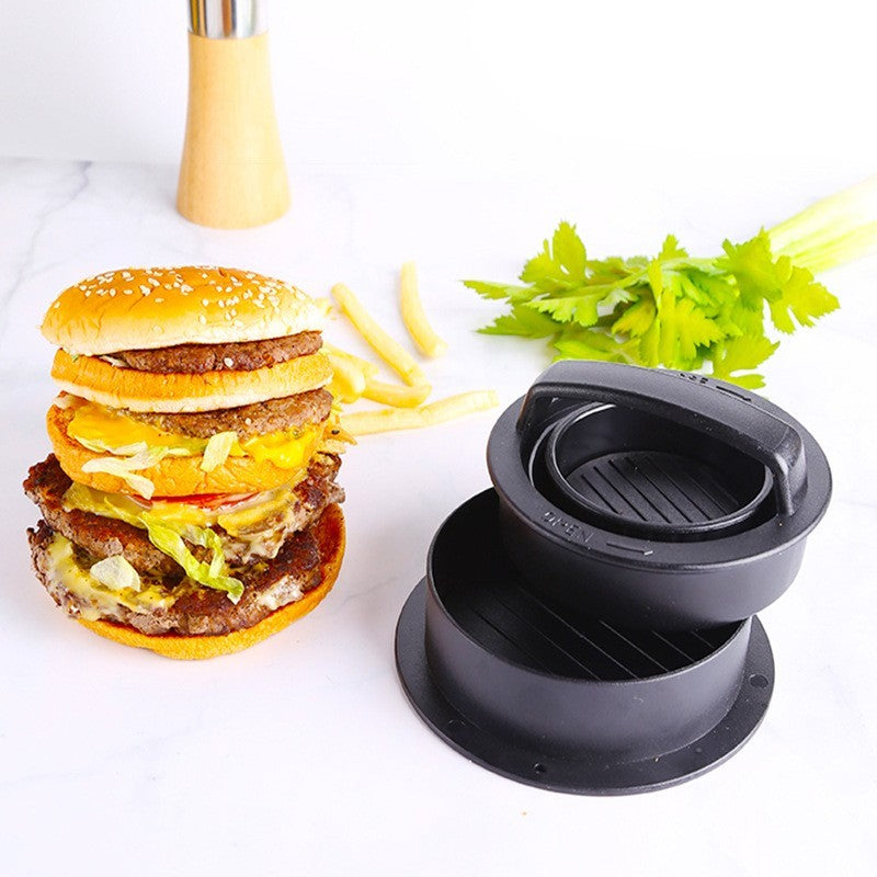 Presa Hamburger 2 in 1, Forma pentru Burgeri cu Umplutura, Invelis Antiaderent, Maner Ergonomic, Include 100 Foi de Copt, Material ABS, 13x13.5x7 cm, Negru