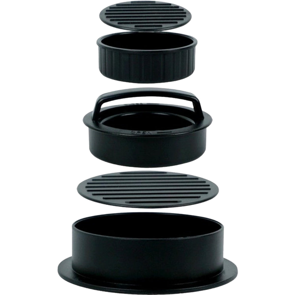 Presa Hamburger 2 in 1, Forma pentru Burgeri cu Umplutura, Invelis Antiaderent, Maner Ergonomic, Include 100 Foi de Copt, Material ABS, 13x13.5x7 cm, Negru