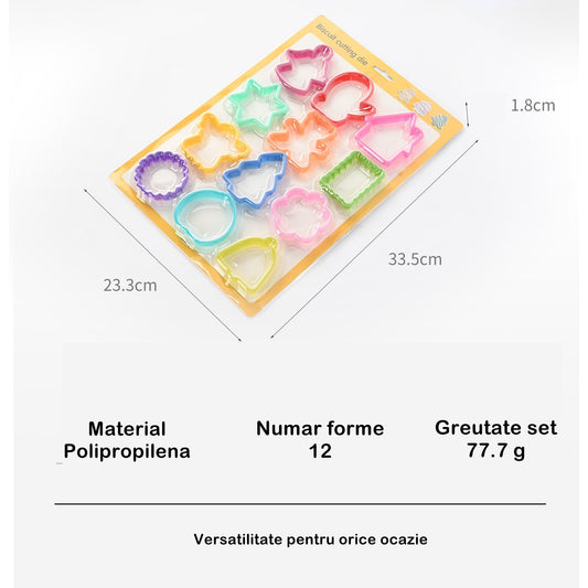 Set 12 Forme Pentru Prajituri Si Biscuiti, Modele Mixte Pentru Decorare Deserturi, Material Polipropilena, Adancime 1.6 cm, Multicolor