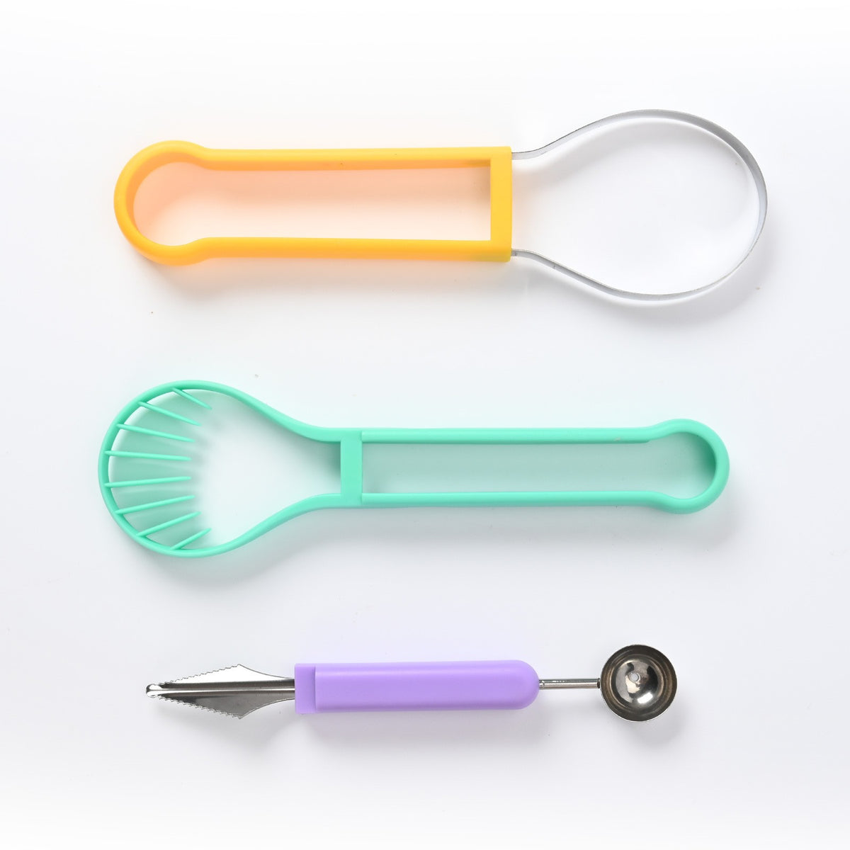 Set Ustensila Bucatarie 4 in 1 pentru Taiat si Decorat Fructe, Dispozitiv pentru Sculptat si Scoatere Samburi, Inox si Plastic, 28x6.2 cm, Verde/Multicolor
