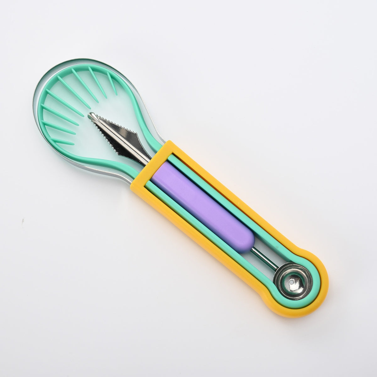 Set Ustensila Bucatarie 4 in 1 pentru Taiat si Decorat Fructe, Dispozitiv pentru Sculptat si Scoatere Samburi, Inox si Plastic, 28x6.2 cm, Verde/Multicolor