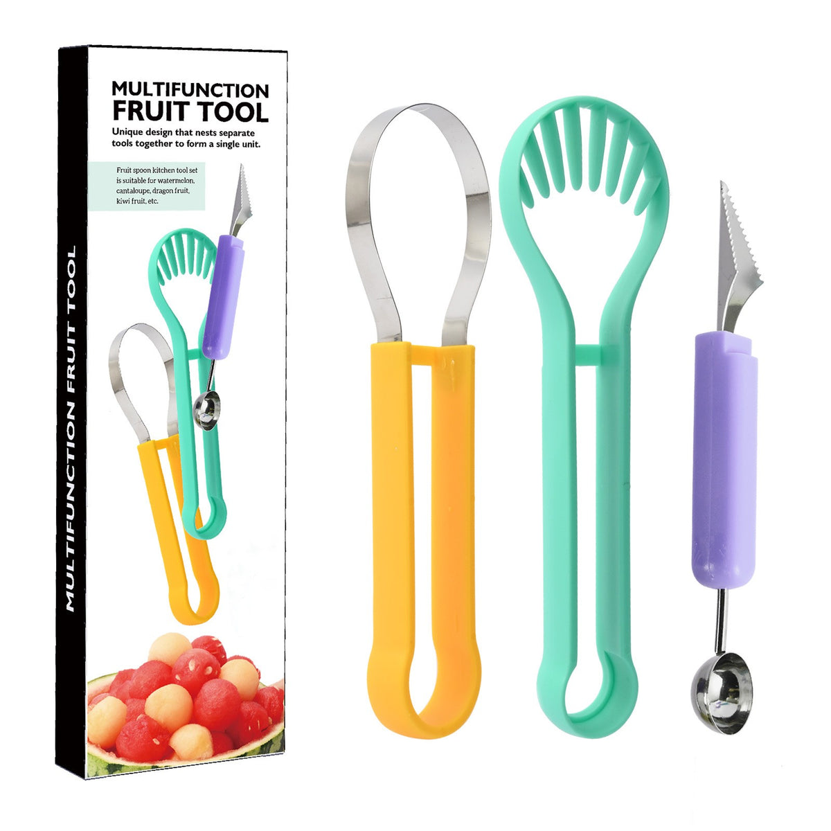 Set Ustensila Bucatarie 4 in 1 pentru Taiat si Decorat Fructe, Dispozitiv pentru Sculptat si Scoatere Samburi, Inox si Plastic, 28x6.2 cm, Verde/Multicolor