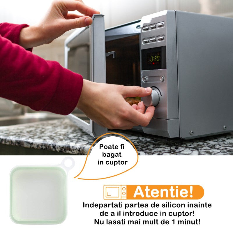 Caserola Pentru Sandwich Reutilizabila, Cutie Portabila Pentru Gustari, Capac Anti-Scurgere, Silicon si Polipropilena, 15.5 x 15.5 x 2.5 cm, Verde