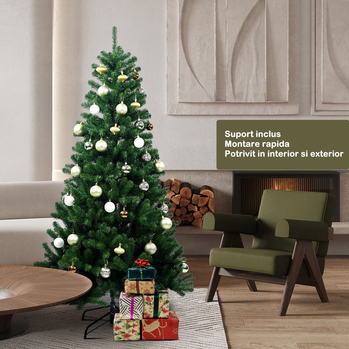 Brad Artificial De Craciun Cu Aspect Natural, 240 Ramuri Bogate, PVC Durabil, Suport Clasic Inclus, Interior/Exterior, 120 cm, Verde