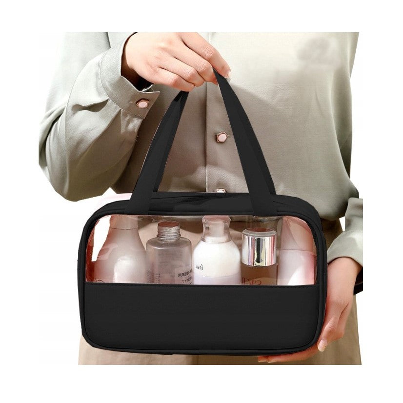 Geanta Cosmetice pentru Voiaj, Organizator Impermeabil, Material PVC si Textil, Portabila, 26 x 15 x 10 cm, Negru
