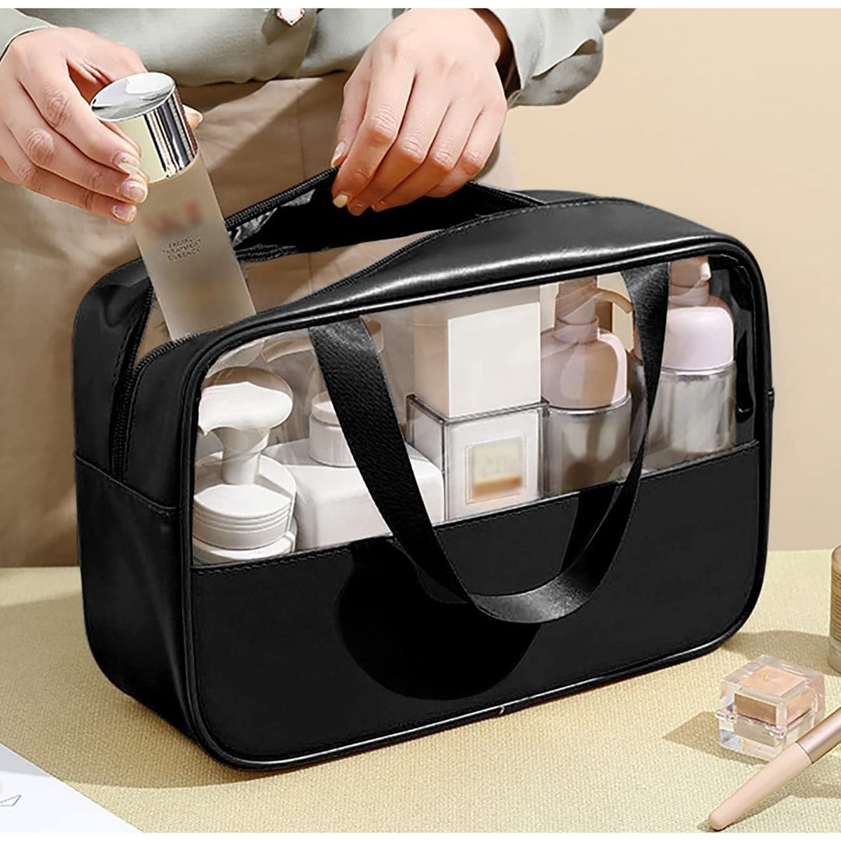 Geanta Cosmetice pentru Voiaj, Organizator Impermeabil, Material PVC si Textil, Portabila, 26 x 15 x 10 cm, Negru