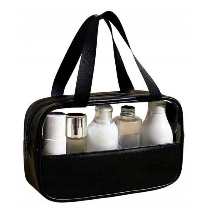 Geanta Cosmetice pentru Voiaj, Organizator Impermeabil, Material PVC si Textil, Portabila, 26 x 15 x 10 cm, Negru